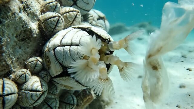 Closeup underwater view of goose barnacles attached to a rock.
