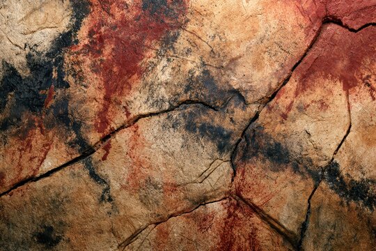 Ancient cave art on cracked rock surface, prehistoric painting texture