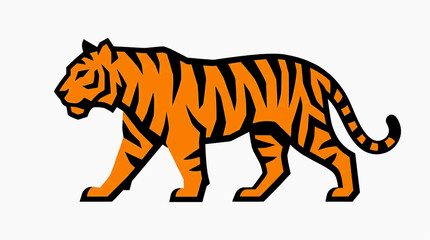 Obraz premium A stylized, graphic illustration of a powerful tiger with bold orange and black stripes walks with a determined stride.