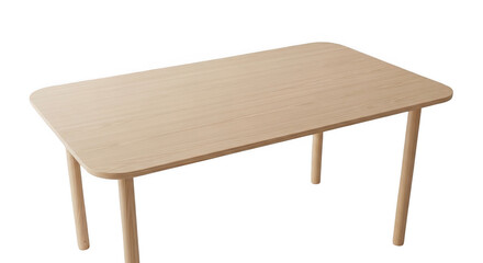 Fototapeta premium A rectangular light wood table with rounded corners and four cylindrical legs, isolated against a solid black background