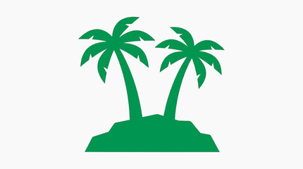 Obraz premium Two green palm trees stand tall on a small, rocky island, silhouetted against a subtle gradient, evoking a sense of tropical escape and natural beauty.