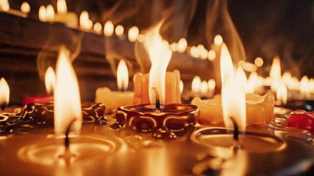 Many burning candles with melting wax and flickering flames in a dark room create a spiritual atmosphere with smoke rising during a memorial.