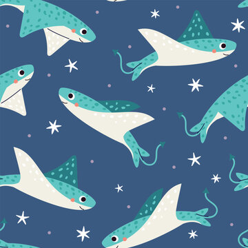 Cute stingray seamless pattern with smiling manta rays. Funny ocean animal background for kids nursery decor, baby fabric, wallpaper, wrapping paper and textile. Vector illustration.