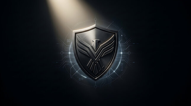 Metallic shield with eagle emblem illuminated by a spotlight on a dark background with technological circuit patterns