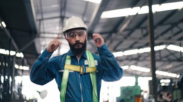 Industrial worker wearing hard hat, safety goggle and body harness walking in factory. Confident engineer or technician in manufacturing plant