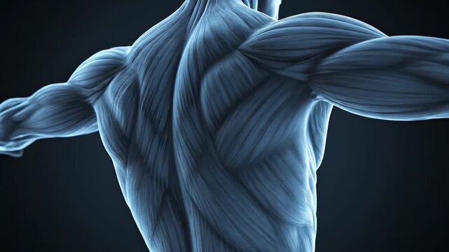 Detailed anatomical rendering of human back muscles and shoulders in a blue-grey tone, showcasing muscular structure.