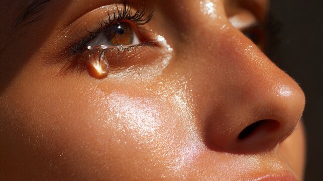 A close-up image capturing the emotional essence of a teardrop glistening on a woman's face, emphasizing the beauty of vulnerability and natural expressions in lighting.