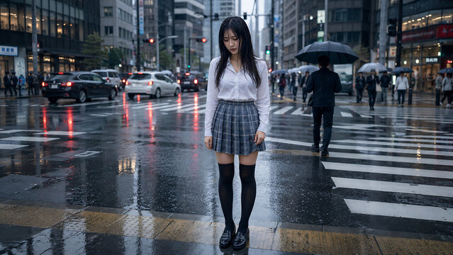 濡れた道路の反射と物憂げな都会のライフスタイル感を持つ雨の横断歩道に立つ孤独な若い女性
