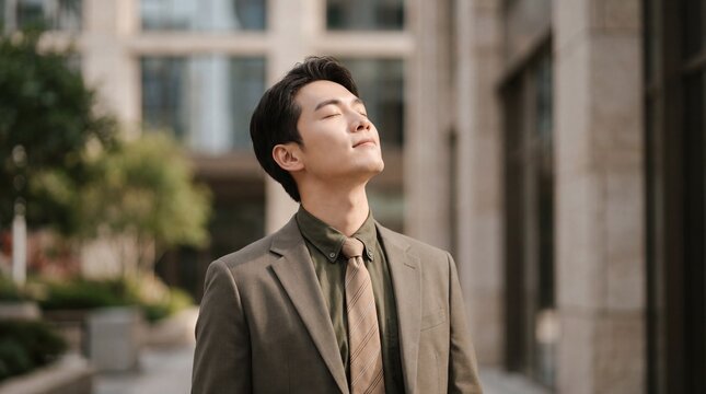Confident young man in suit pauses outdoors enjoying warm sunlight and calm moment, urban office buildings and greenery in background