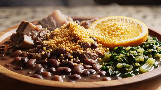 Delicious Brazilian Feijoada with Pork Beans Greens and Orange Slice.