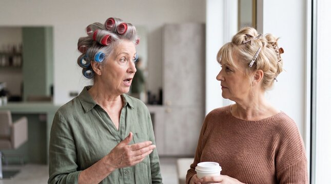 Two older women with hair rollers having conversation in salon, one holding takeaway coffee while they chat and express surprise