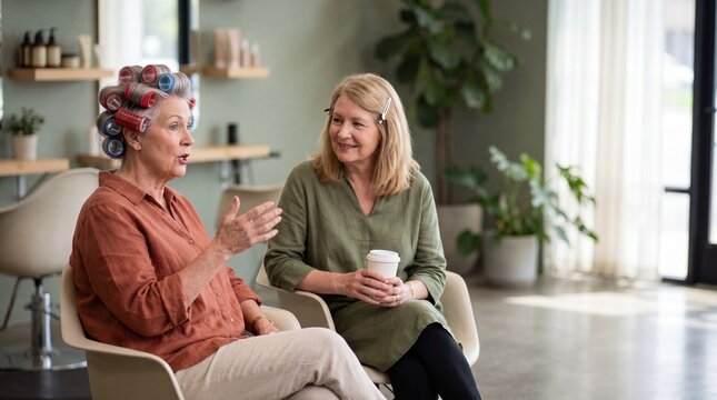 Elderly woman with hair rollers chatting with friend in salon waiting area, warm friendly conversation and relaxed atmosphere