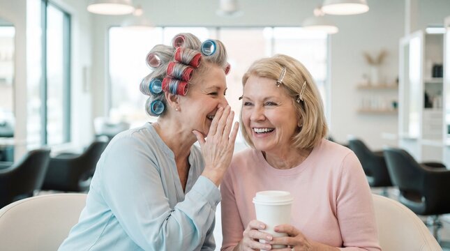 Two women with hair rollers whispering and laughing in salon, senior friends enjoying coffee and gossip