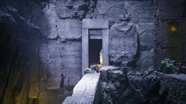 Storyteller discovers hidden cave entrance, moss framing carved lintel, low light, whispering atmosphere, sense of legend and narrative potential