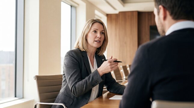 Professional businesswoman in suit discussing presentation with colleague in modern conference room, focused expression and confident gesture during meeting