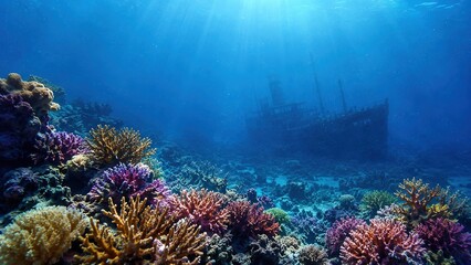 Fototapeta premium Mysterious underwater coral reef with an ancient shipwreck in the depths of the tropical ocean, cinematic seascape with sunbeams, ultra-realistic luxury underwater atmosphere and dreamlike exploration