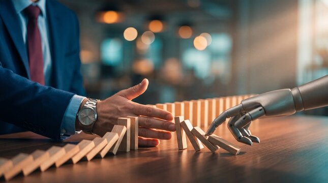 Businessman hand and robot hand preventing falling wooden domino blocks, symbolic collaboration and risk management in technology and workplace