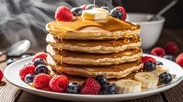Maple syrup pouring over a hot stack of pancakes with fresh berries