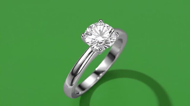 A polished silver ring featuring a large clear gemstone on a solid green background