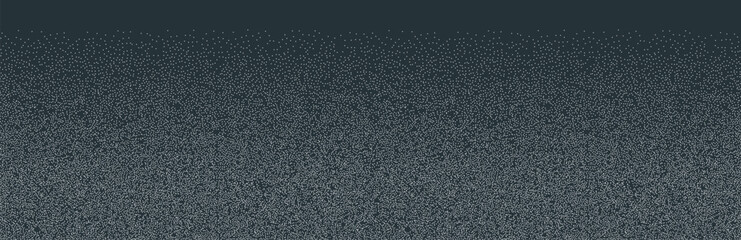 Fototapeta premium Dark stipple gradient background banner with fine white grain and noise texture fading into a black backdrop. horizontal seamless pattern