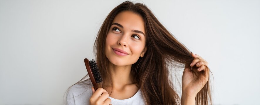 Happy Woman with Long Smooth Hair Using Hairbrush