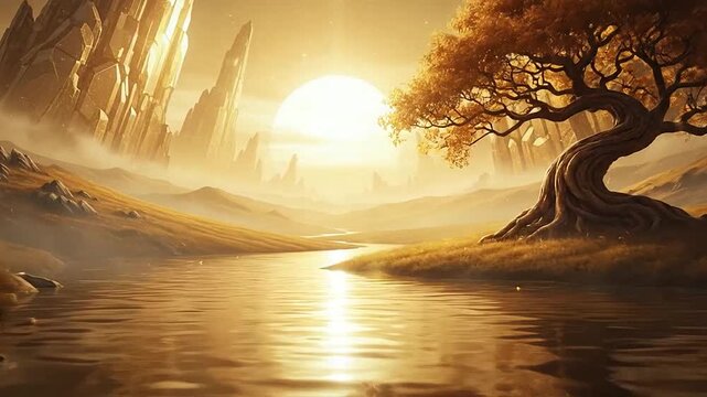 A golden tree stands beside a calm river in a surreal landscape at sunset