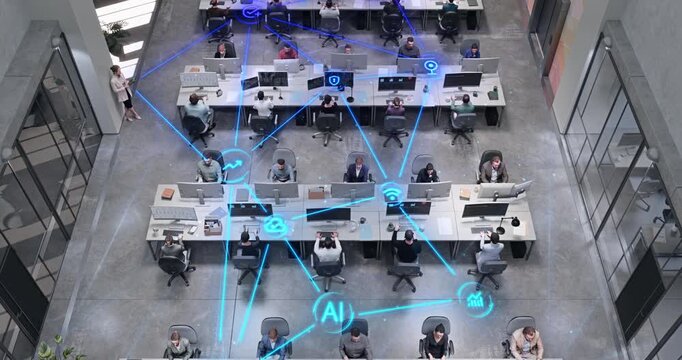 Top Down View Corporate Office With Multiethnic Workers at Computer Stations as Linked Visualization Layer Appears, Glowing Blue AI Icons, Cybersecurity, Connectivity and Workflow Automation.