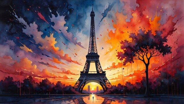 Artistic Watercolor Painting of Eiffel Tower at Sunset &mdash; Travel Concept