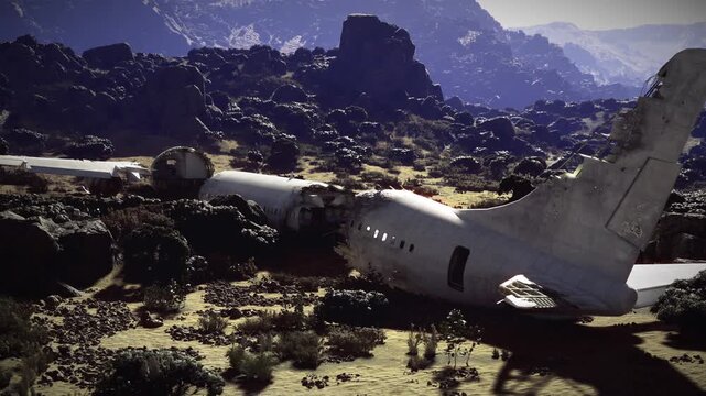 Drone captures crashed airplane amid scrub and rocky slopes, high angle composition shows fuselage alignment, late afternoon glow, imagined environmental