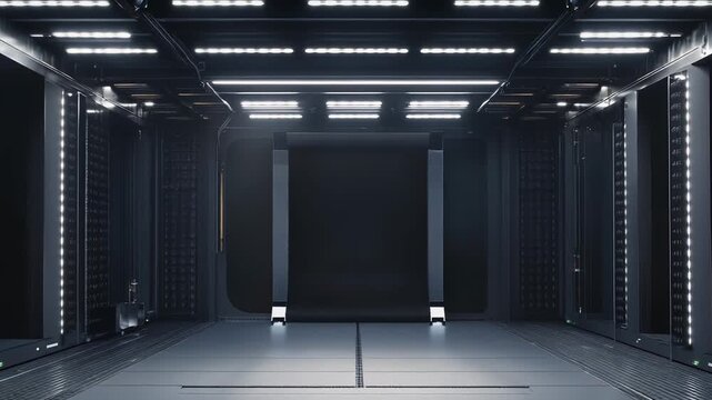 Futuristic data center interior featuring a dark server room with glowing neon lights, powerful computers, and network infrastructure, representing modern technology and big data concepts