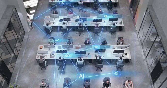 Top Down View Corporate Office With Multiethnic Workers at Computer Stations as Linked Visualization Layer Appears, Glowing Blue AI Icons, Cybersecurity, Connectivity and Workflow Automation.