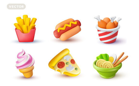 3d fast food and asian ramen icons set, vector realistic noodle bowl, hot dog, fried chicken legs bucket, pepperoni pizza slice, french fries and ice cream cone icons on white