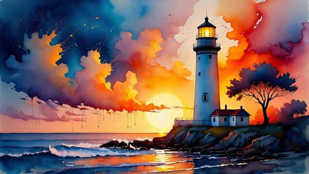 Colorful watercolor lighthouse on the rocky shore against a dramatic sunset sky