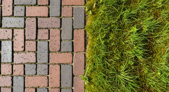 Paving stones made of red and grey bricks placed next to a patch of fresh green grass in a garden