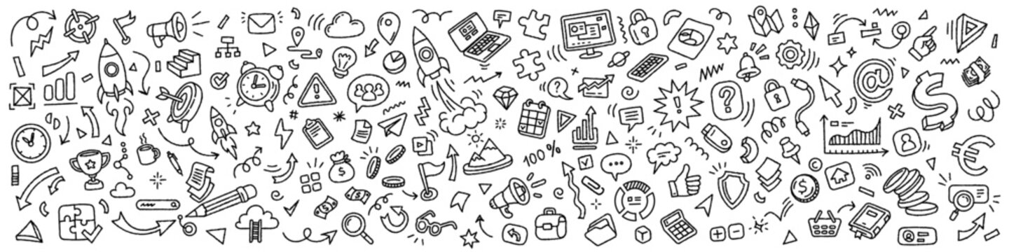 Business and finance doodles line art background, hand drawn black vector pattern with marketing, corporate and startup icons on white