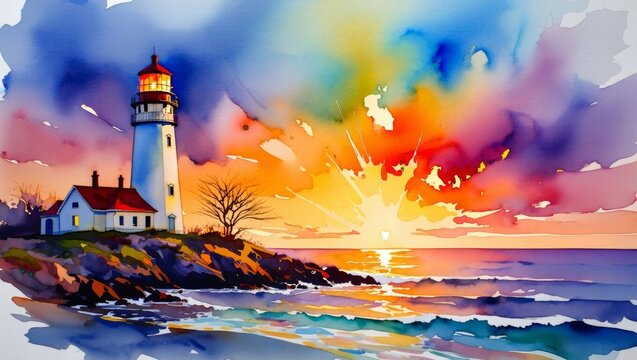 Colorful watercolor lighthouse on the rocky shore against a dramatic sunset sky