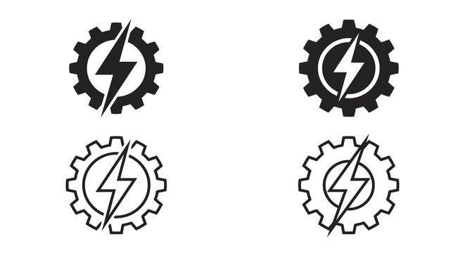 Gear with lightning bolt icon black and white vector illustration set