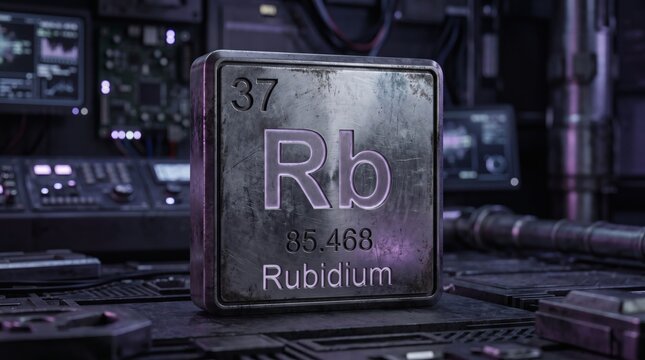 Rubidium Element Displayed on a Futuristic Metallic Plaque in a Laboratory Setting.