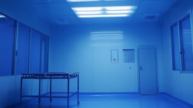 Empty sterile cleanroom operating theatre in a pharmaceutical research facility, ready for scientific experiments or laboratory procedures under stringent quality control and safety conditions