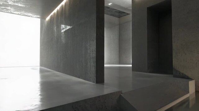 Modern interior featuring brutalist architectural forms, a calm pool of water, and focused light creating strong reflections and a contemplative atmosphere