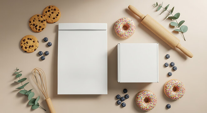 Blank white product packaging boxes surrounded by delicious bakery treats