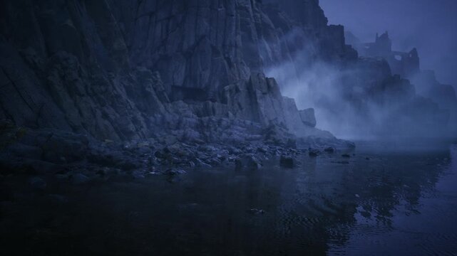 fogbound cliffs glassy water shore with distant silhouettes, low light dusk atmosphere, scattered stones on wet sand, slowmoving mist hugging basalt ridges,
