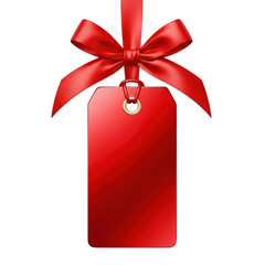 Red gift tag with satin ribbon bow isolated on a transparent background