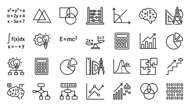 Collection of mathematical and scientific icons and symbols.