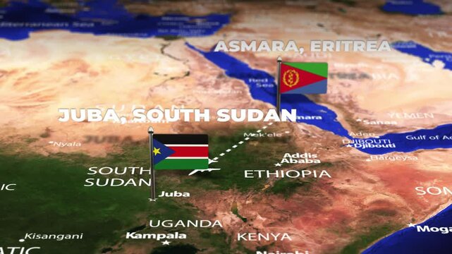 Flight From Asmara ERITREA to Juba SOUTH SUDAN with flag pins