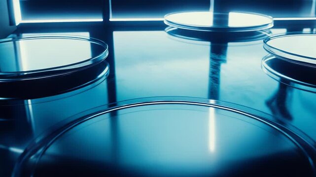 Multiple empty glass petri dishes reflecting blue neon light on a reflective surface inside a research laboratory, capturing the essence of scientific investigation and biotechnology