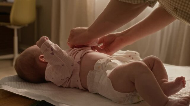 Handheld cropped shot of hands of unrecognizable mother putting baby onesie on newborn girl lying on table on disposable changing pad in nursery room