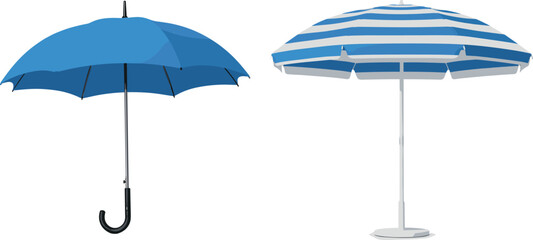 Blue Rain Umbrella and Striped Beach Parasol Vector Illustration Set for Summer Vacation Marketing and Weather Forecast Designs © MdShakil