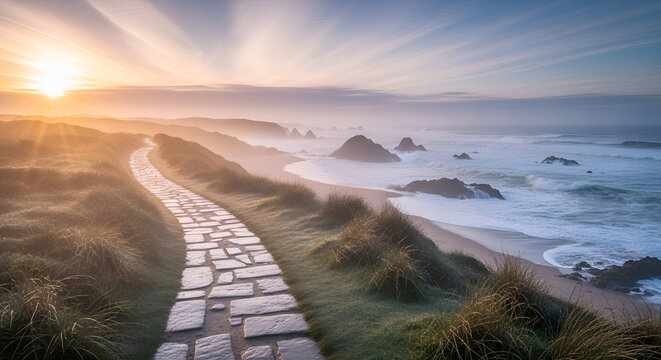 Winding coastal path at golden sunrise leading to a serene ocean beach with sea stacks and crashing waves