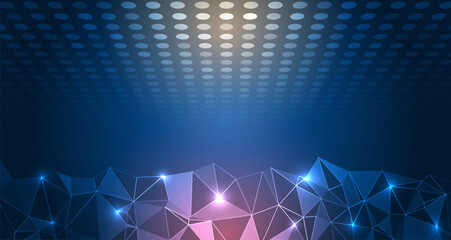 Abstract futuristic technology background with glowing polygon mesh, blue gradient lighting, and digital connection dots in a modern cyber style. © arthead